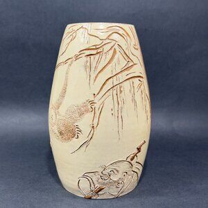 Vtg Chinese Handcrafted Terracotta Sgraffitto Pottery Vase Carved Earthenware